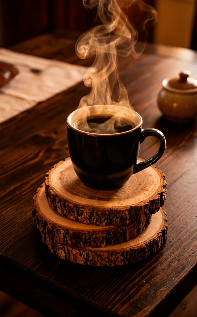 Natural cedar wood slice coasters with bark edges on an entryway table.