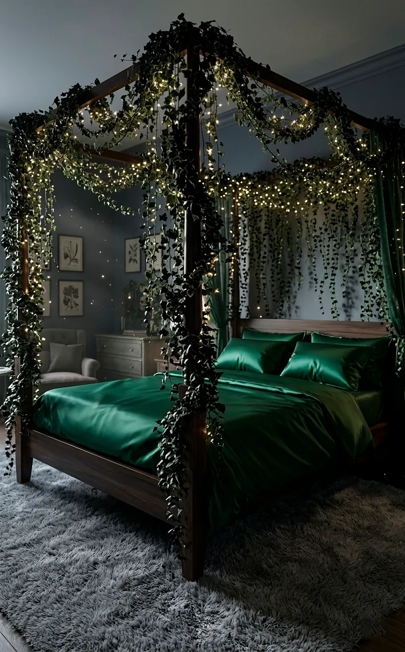 Four-poster bed draped in dark ivy garlands with deep emerald silk bedding.