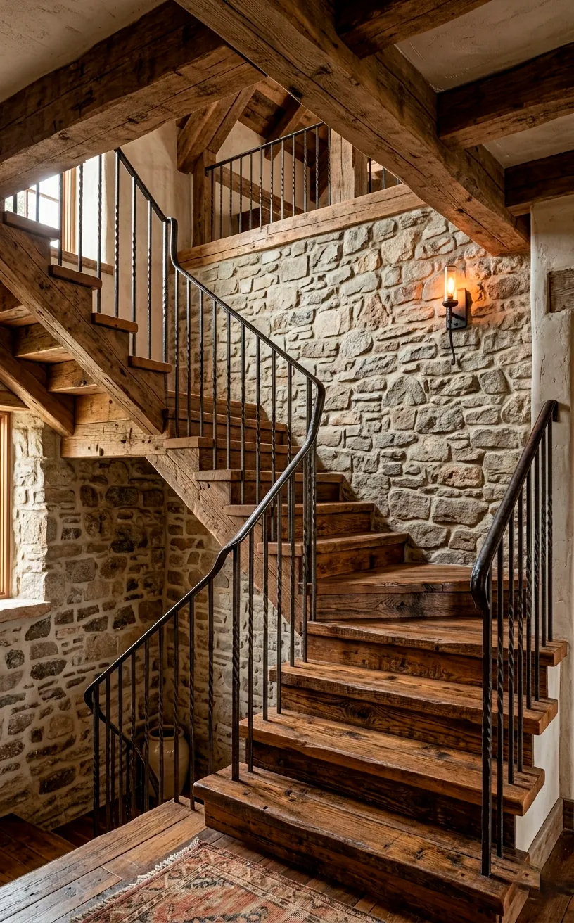 Rustic farmhouse staircase with hammered iron railings and distressed pine wood.
