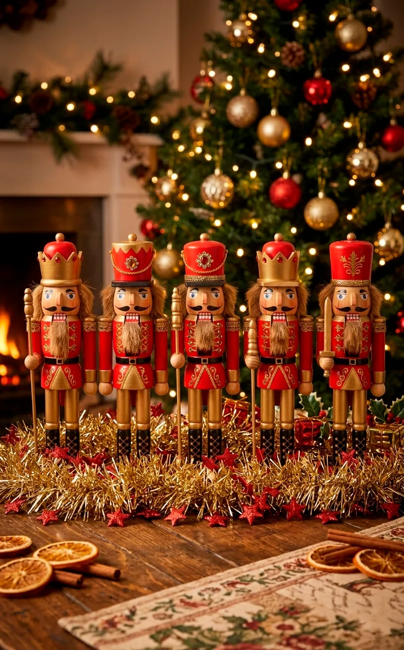 Row of red and gold wooden nutcrackers on gold tinsel in a centerpiece.