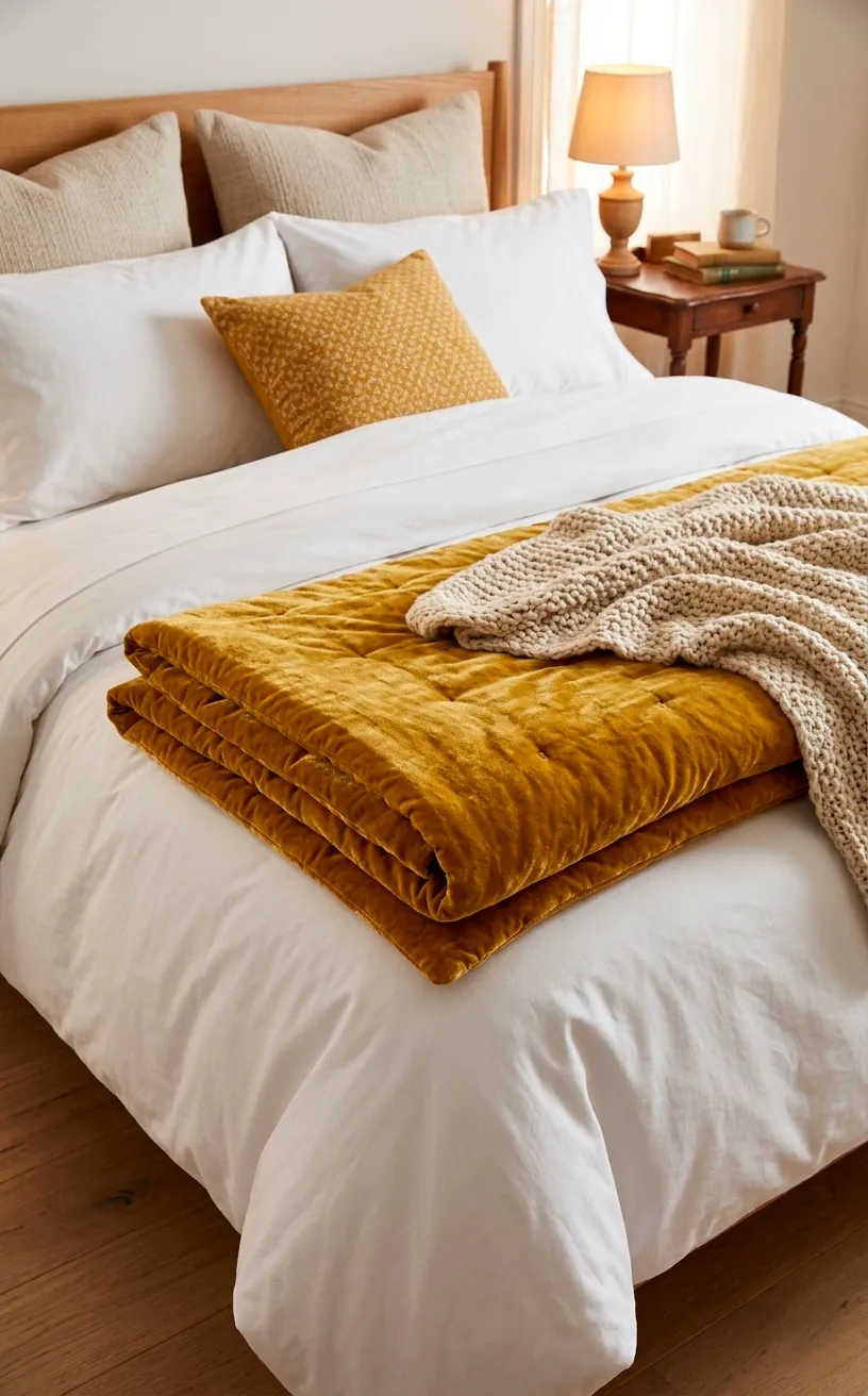 Mustard yellow velvet quilt layered over a white duvet on a guest bed.