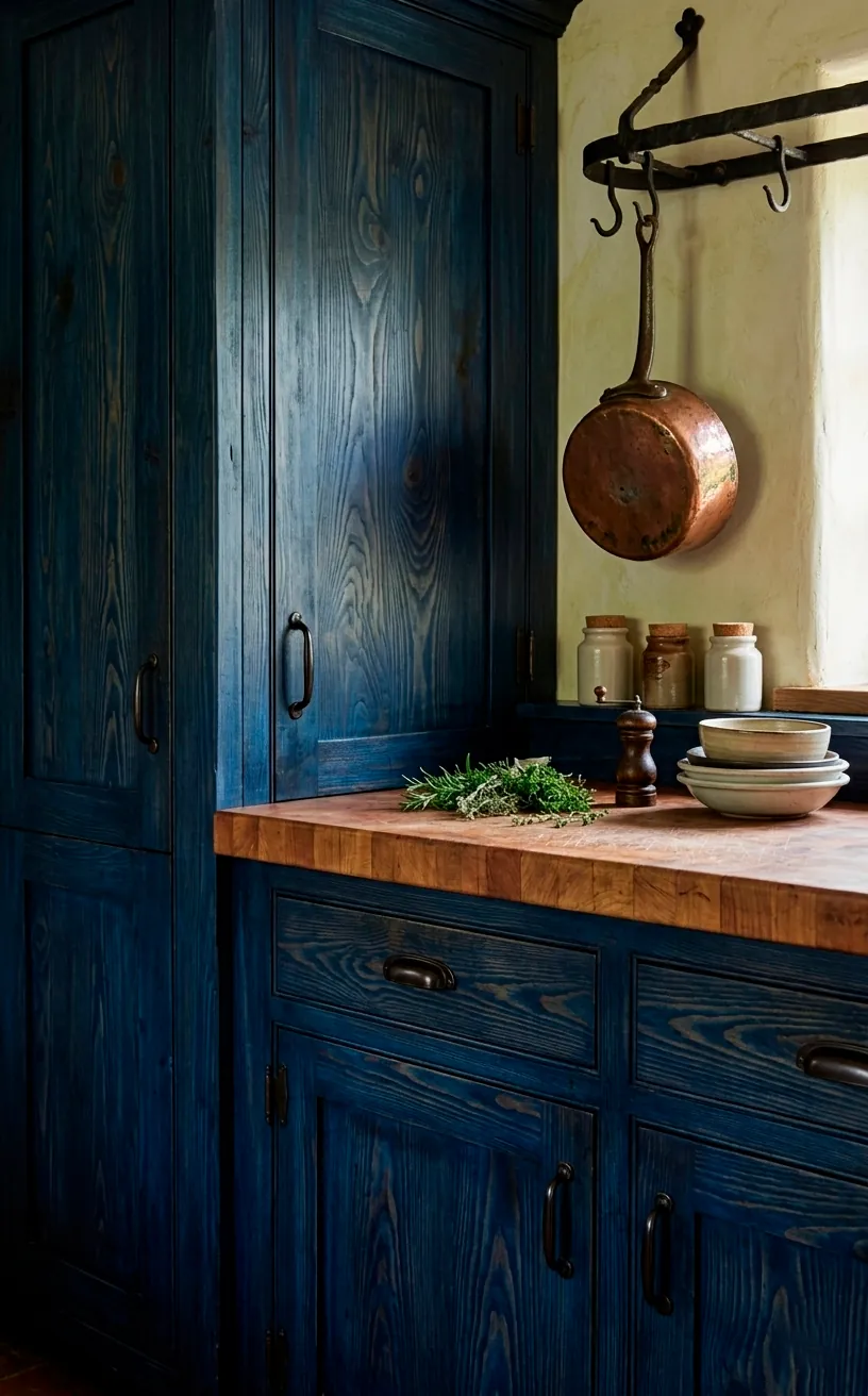 Rustic kitchen with indigo stained wood cabinets and butcher block.