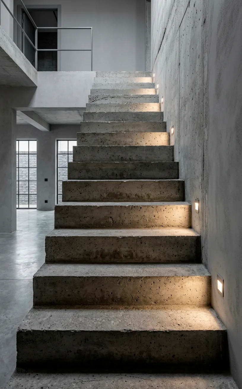Cast-in-place raw concrete staircase with recessed LED step lighting in a minimalist home.