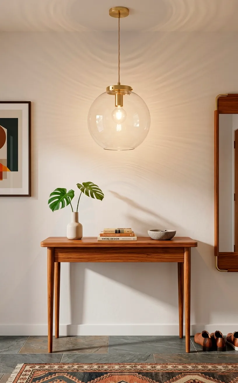 Teak console table under a glowing glass globe pendant light in an entryway.