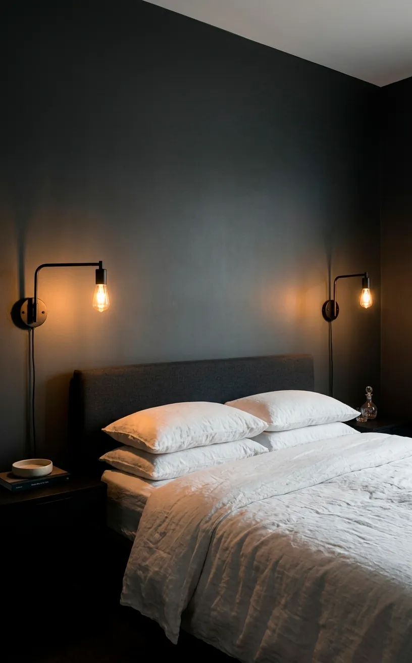 Pair of black steel swing-arm sconces mounted in a modern bedroom.