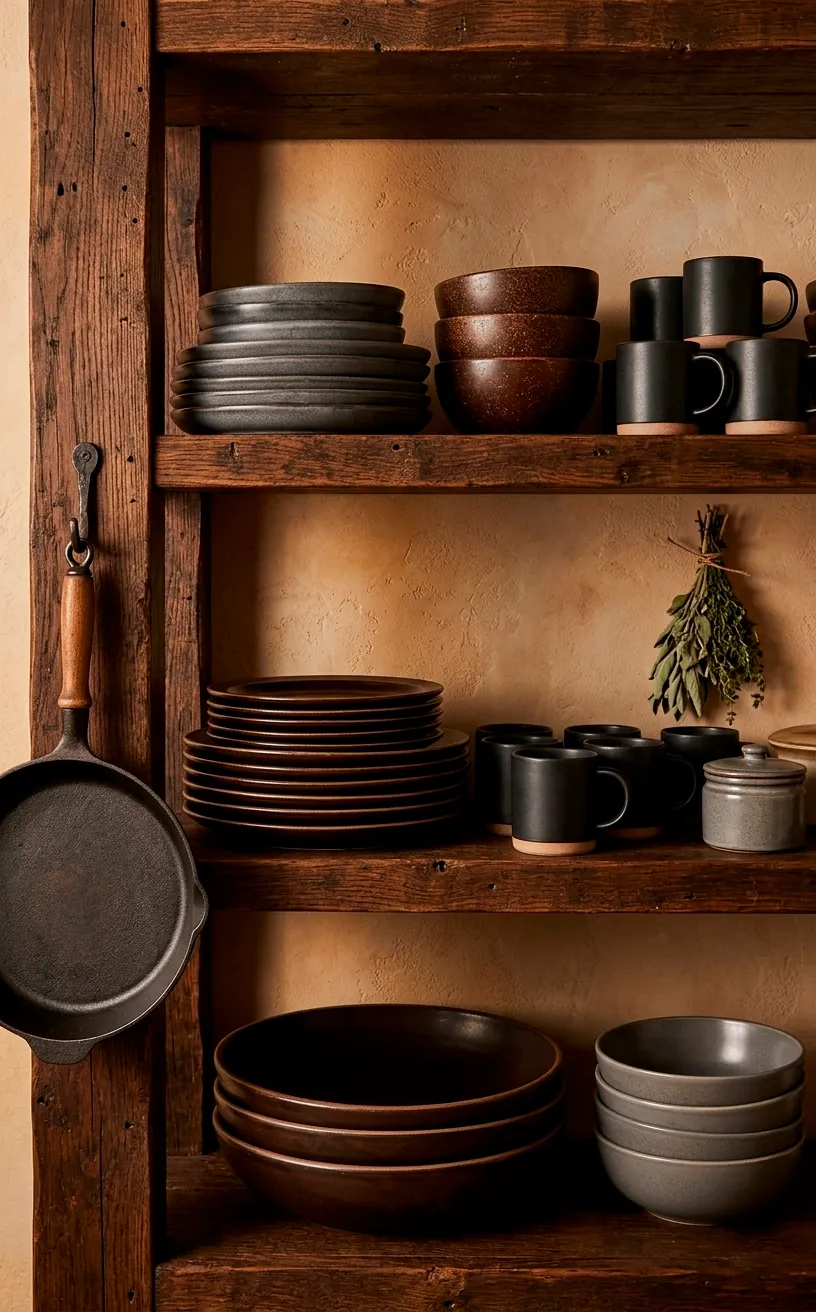 Open shelving with dark stoneware dishes and a cast iron skillet.