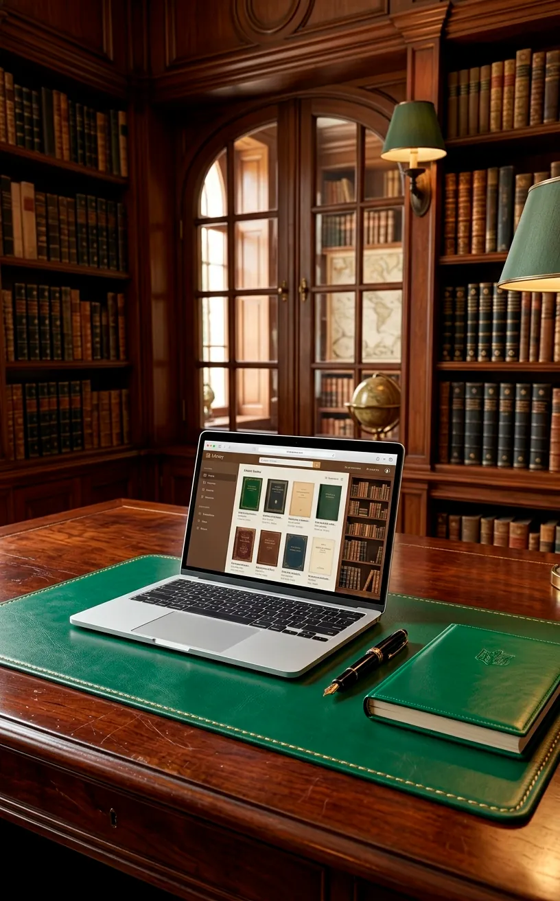 Emerald green leather desk pad and journal on a dark wood library desk.