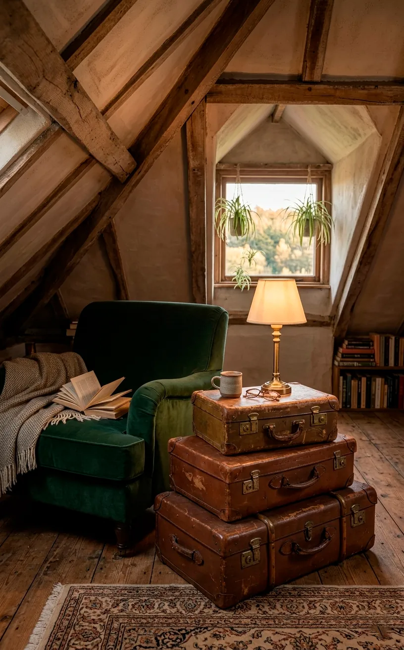 Creative side table made from stacked vintage suitcases in a loft corner.