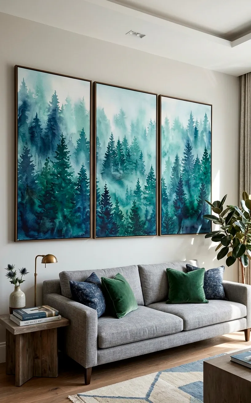 A large three-panel watercolor triptych of a misty forest above a grey sofa in a bright room.