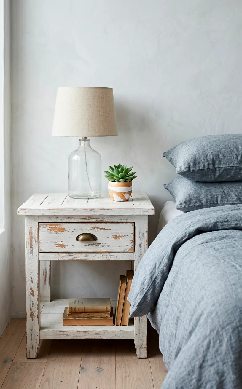 Distressed white wood nightstand in a coastal themed guest room.