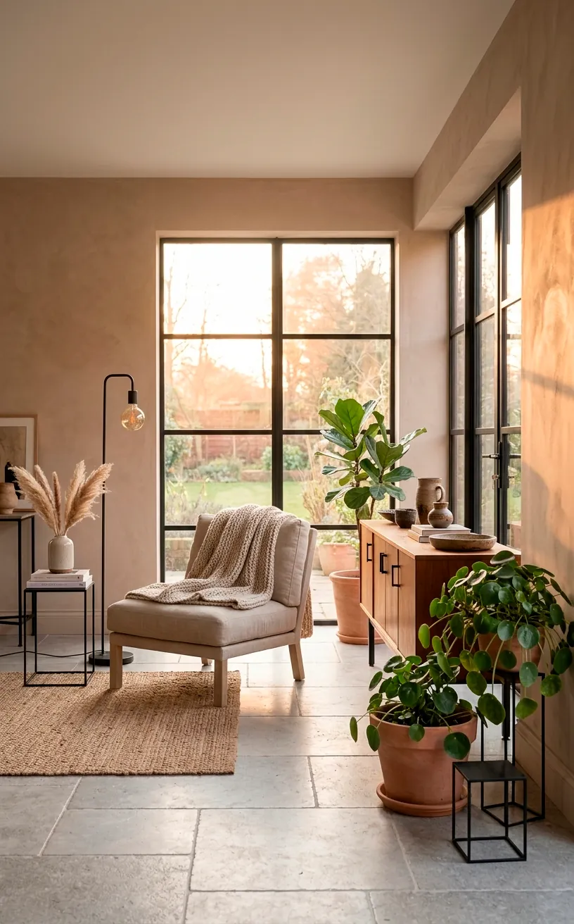 Soft airy living room with Setting Plaster walls and stone floors.