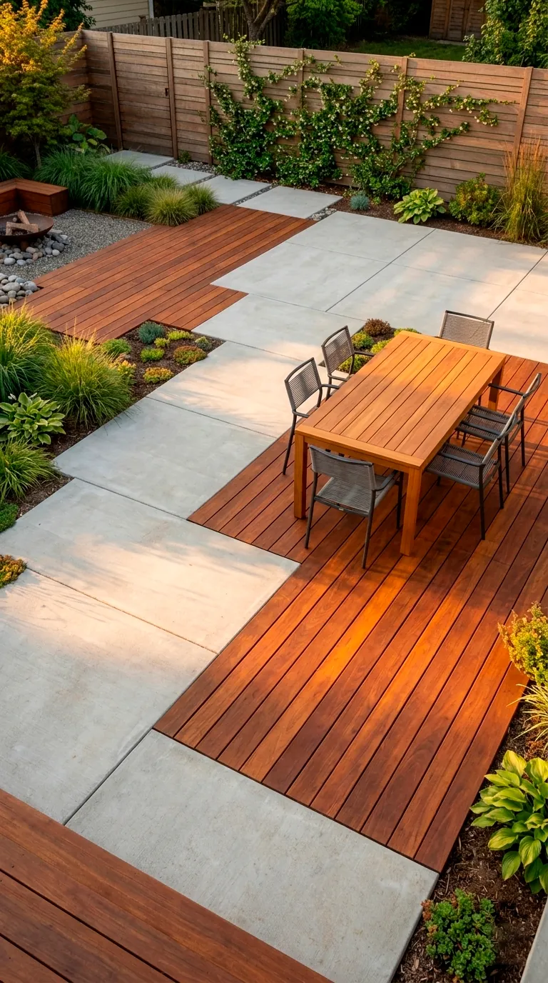 Mixed media patio with concrete slabs and warm wood decking sections.