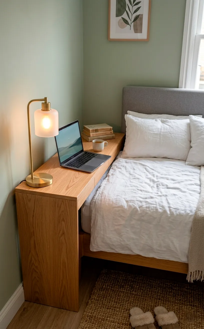 Slim oak console desk used as a nightstand and workspace in a cozy bedroom.