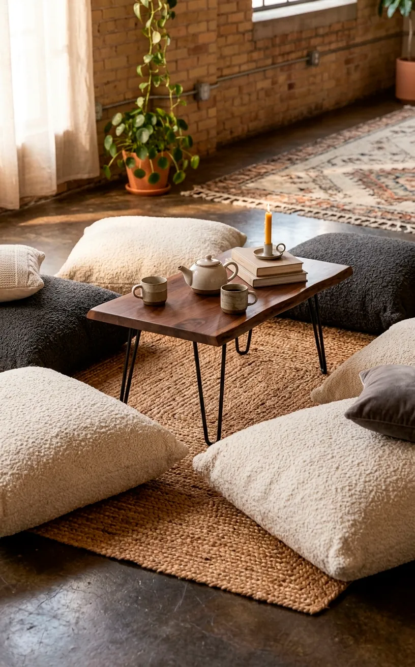 Minimalist floor seating area with bouclé cushions and a low wooden table.