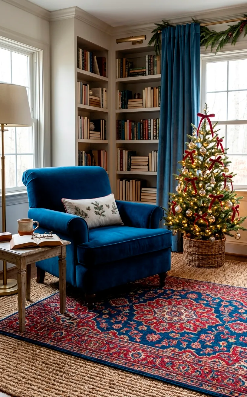 Cozy reading nook with layered jewel-toned Persian rug over a neutral jute base rug.