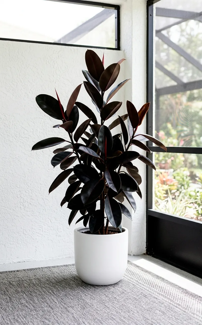 Dark Burgundy Rubber Tree on a bright screened porch.
