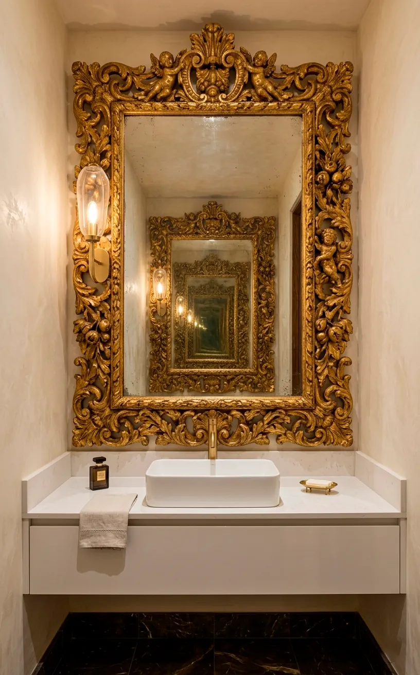 Large ornate Victorian gold mirror as a focal point in a high-end powder room.