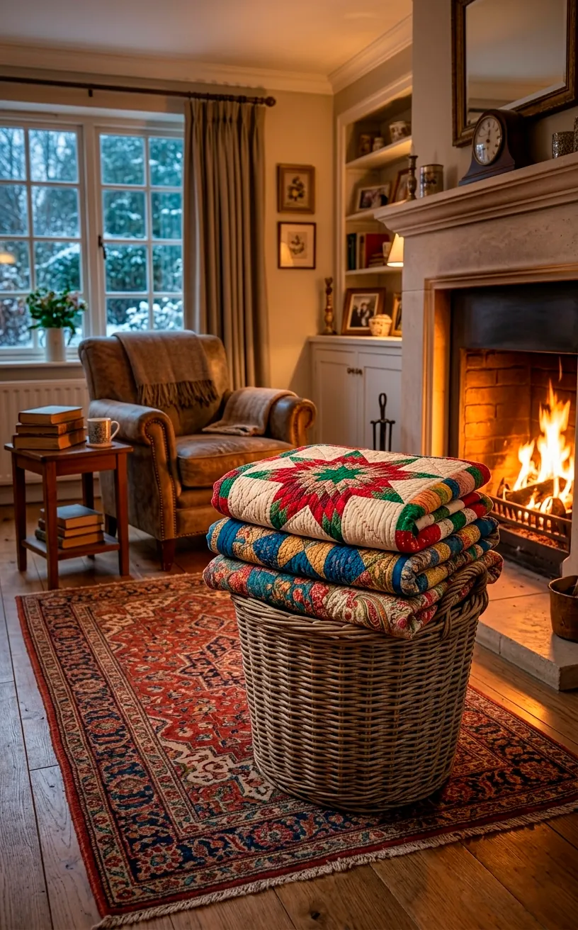 Stack of handmade heirloom quilts in a vintage wicker basket by a fireplace.