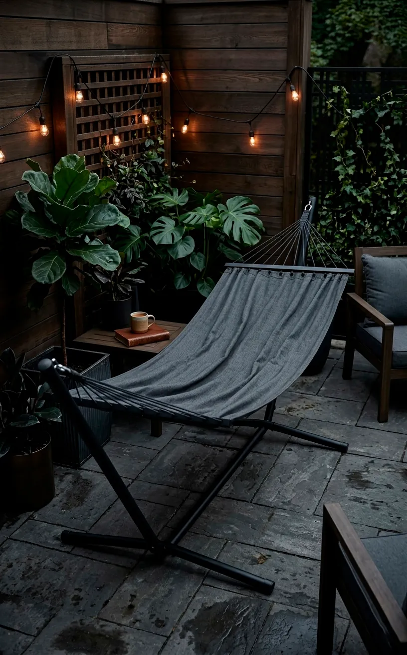 Modern charcoal hammock with a black metal frame on a patio.
