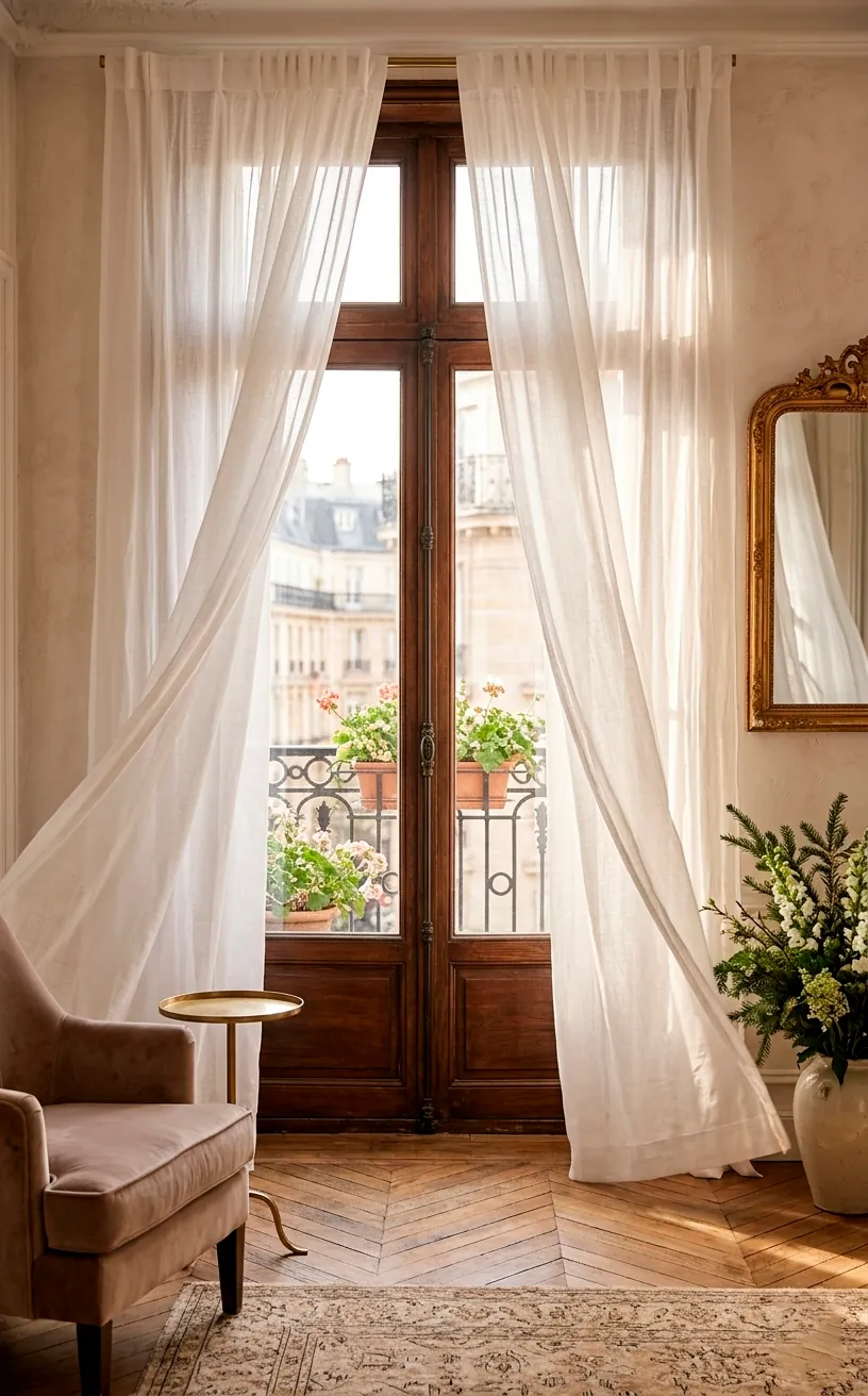 Floor-to-ceiling sheer white curtains in a bright Parisian room.
