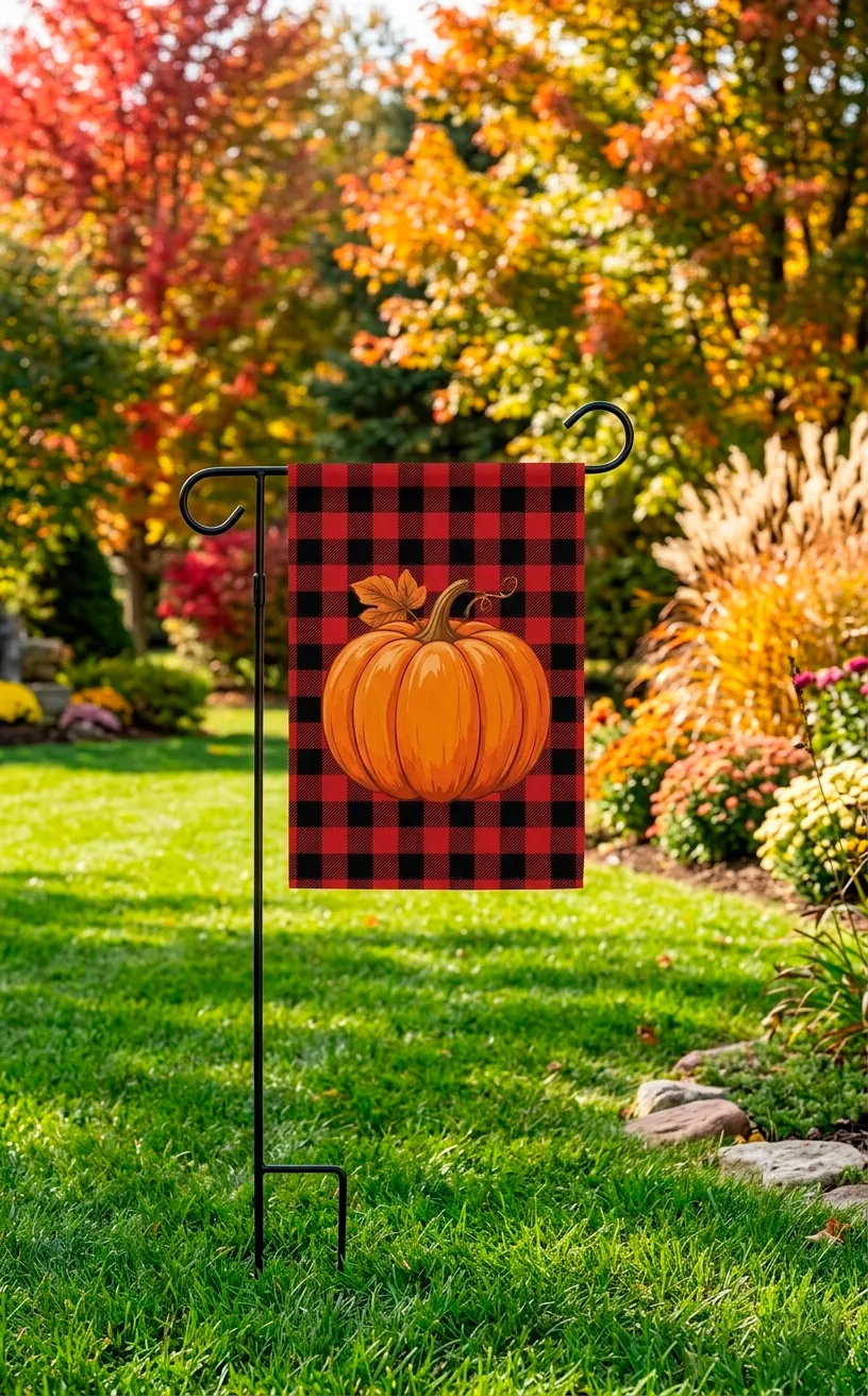 Buffalo plaid garden flag with a pumpkin design in a green autumn yard.