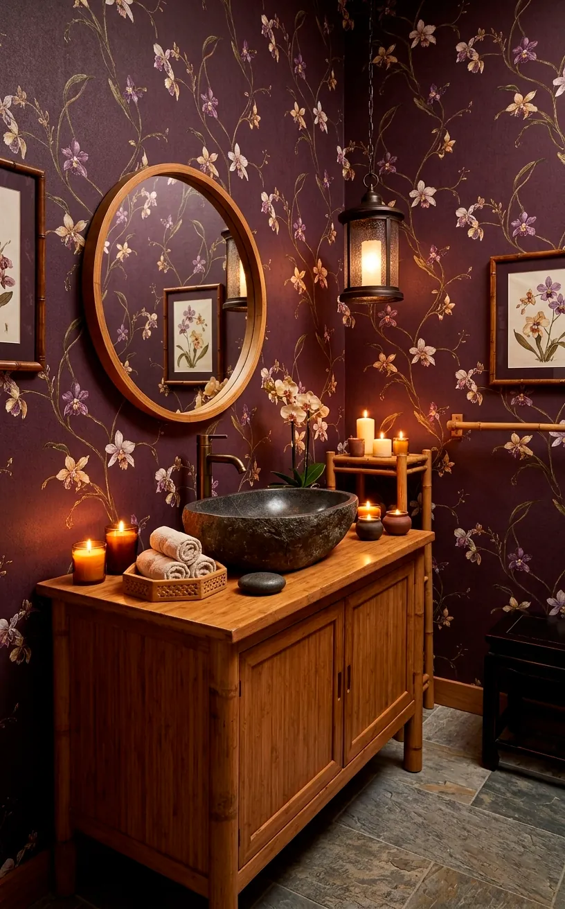 Deep plum orchid wallpaper in a spa-inspired bathroom with a stone sink.