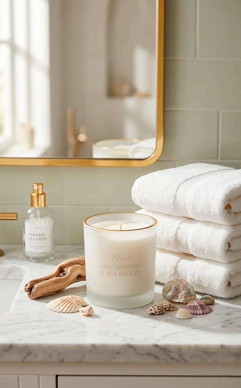 Scented candle and decorative shells in a bright, clean coastal bathroom.