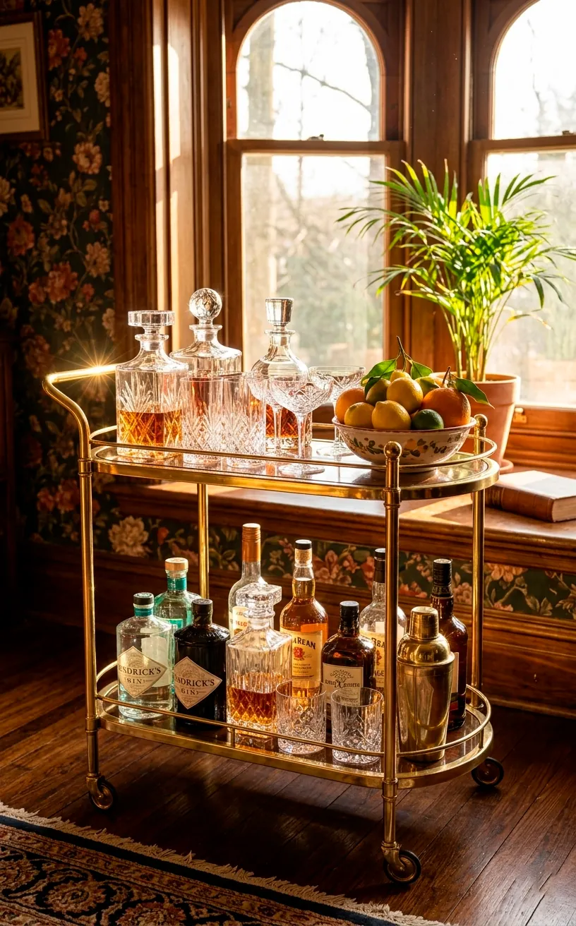 Gold brass bar cart with crystal decanters in a sunny Victorian room.