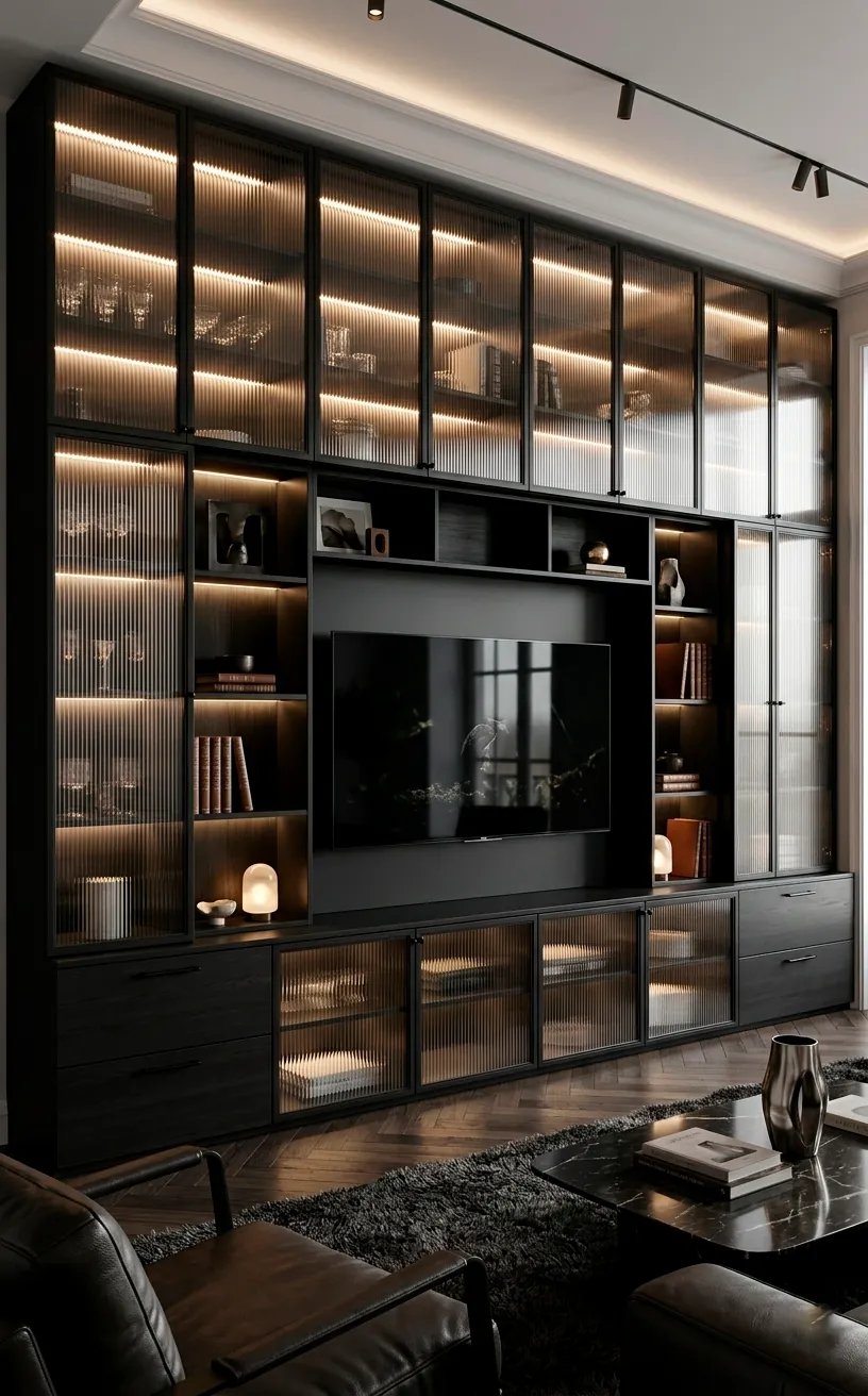 Matte black wall unit with fluted glass cabinets and internal lighting.