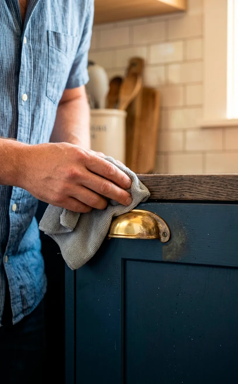 Person cleaning a brass cabinet handle with a cloth to restore its golden shine.