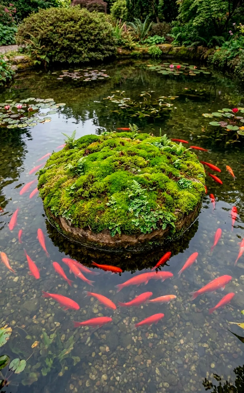 Floating green moss island drifting in a clear pond with koi fish swimming around it.