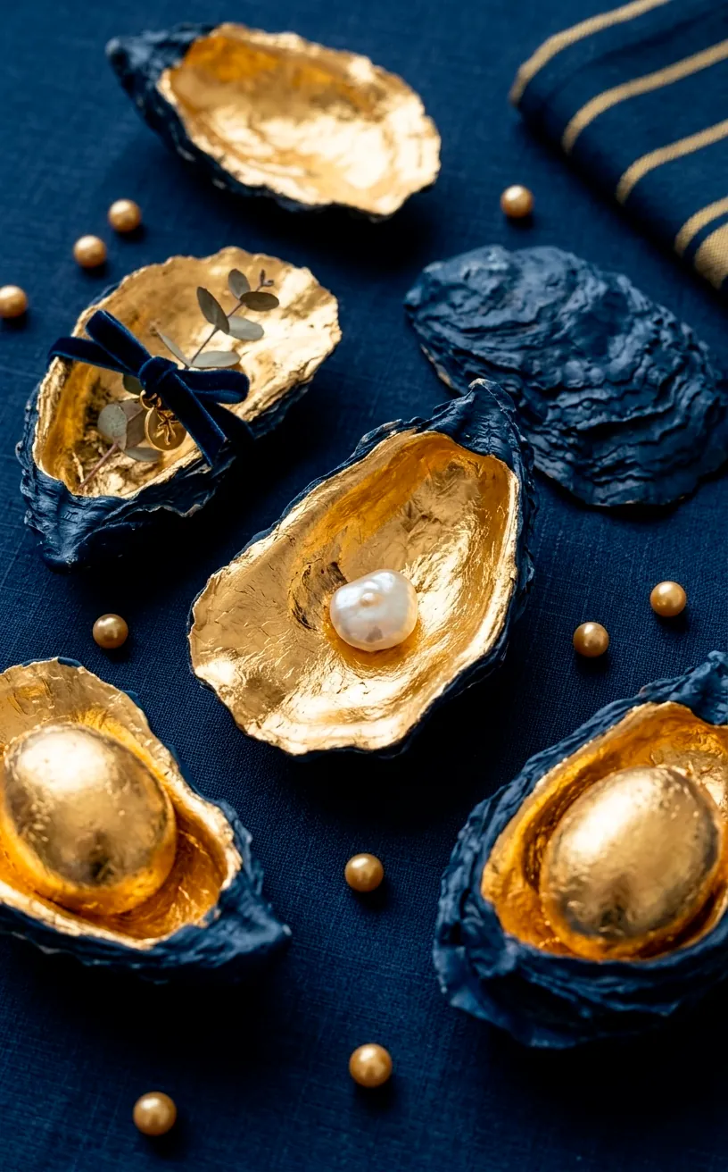 Gold-leafed and navy painted oyster shells used as Easter table decor.