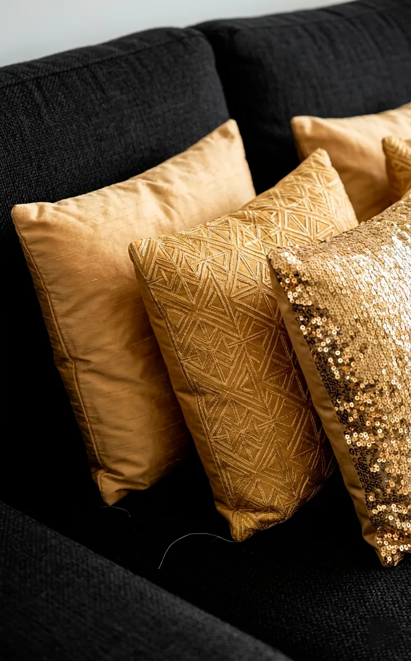 Assorted gold decorative pillows with different textures on a plush black sofa.