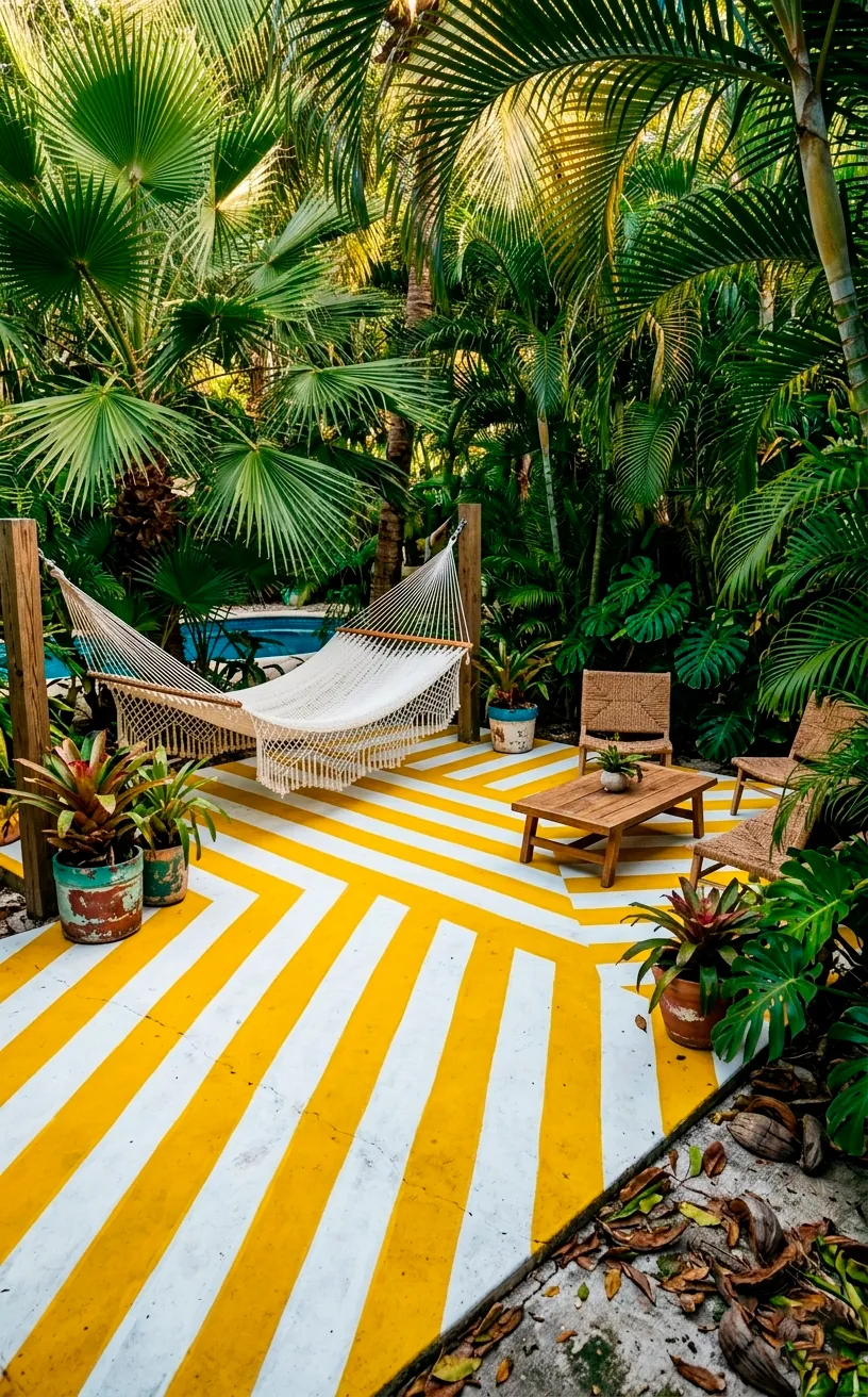 A tropical patio with wide yellow and white painted stripes on the concrete floor.