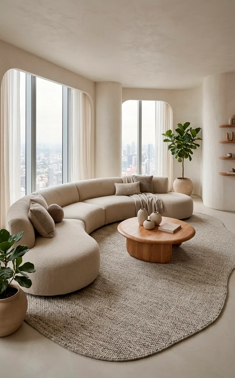 Curved oatmeal sofa and pebble-shaped rug in an organic modern room.