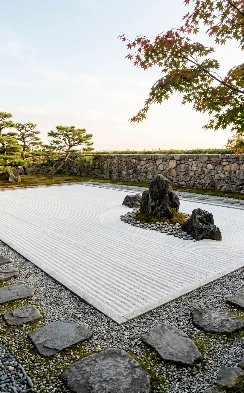 Minimalist Zen sand garden with raked patterns and volcanic rocks.