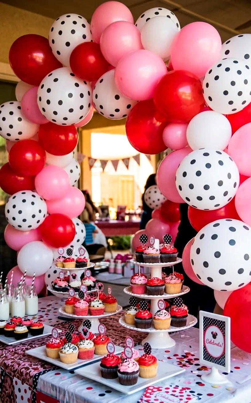 Playful polka dot balloon arch in red and pink for a Mother's Day brunch.