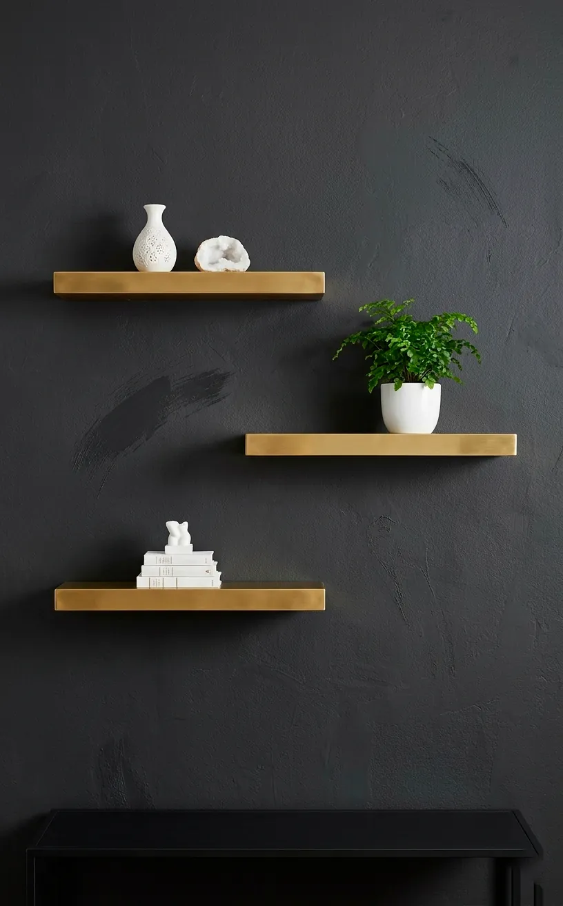 Gold floating shelves on a charcoal staircase wall with decor.