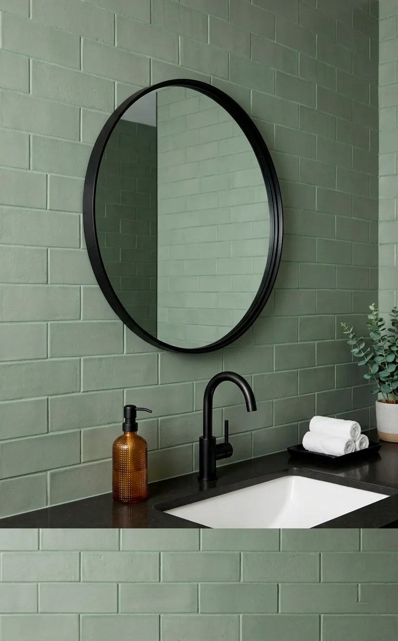 Sage green matte subway tile backsplash behind a white bathroom sink with a black faucet.