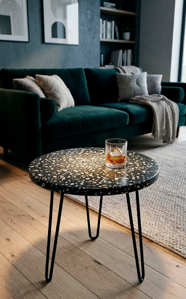 Dark terrazzo side table with black metal legs in a moody interior setting.