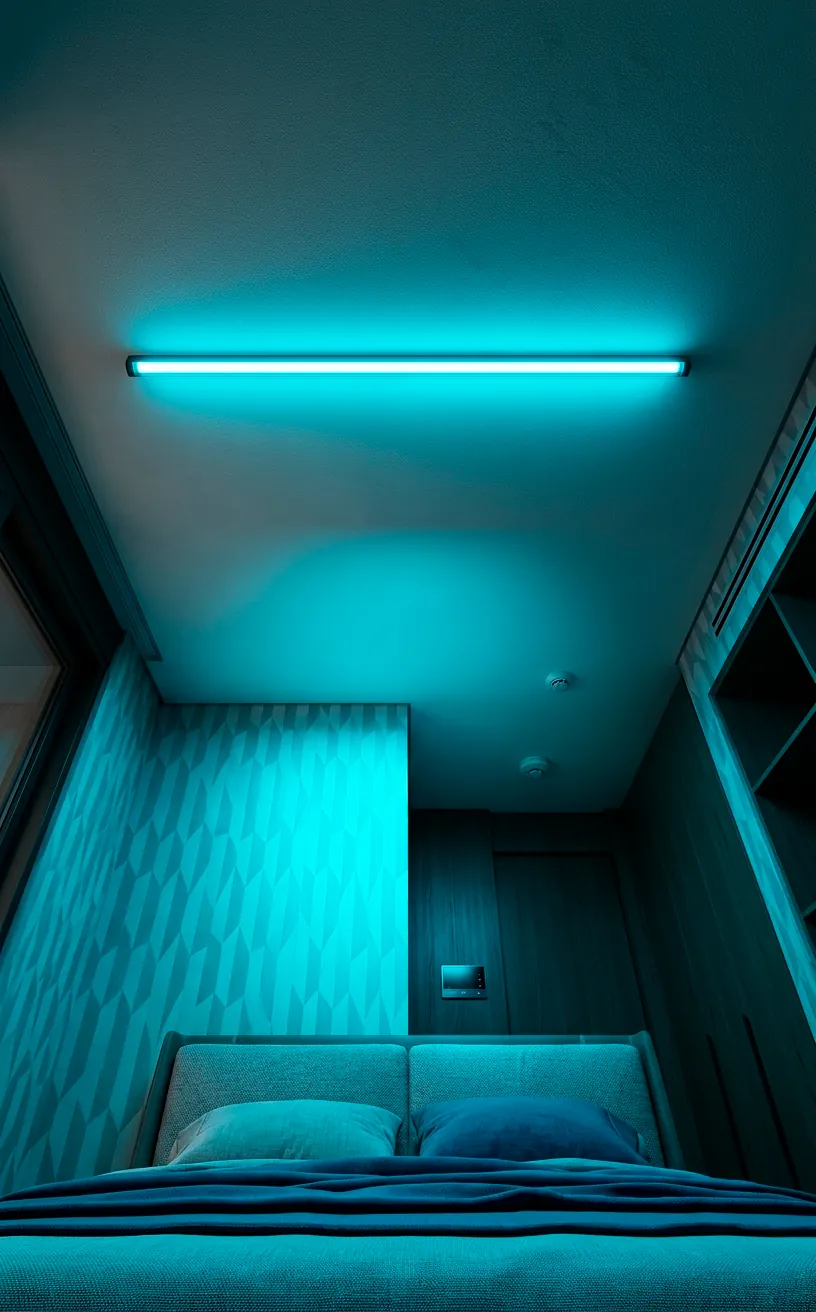 Cyan neon light bar mounted on the ceiling for a futuristic wash of light.