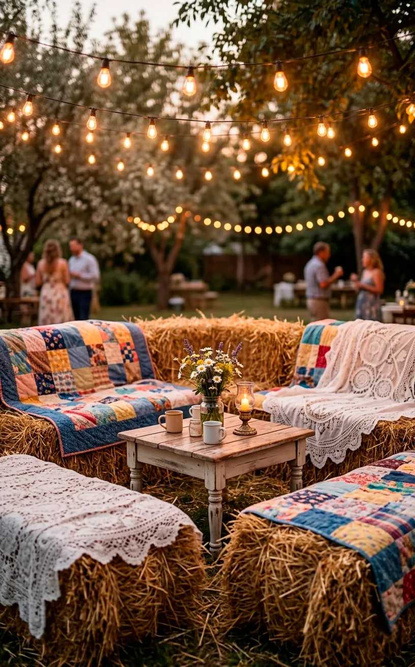 Hay bale seating lounge with quilts and lace covers at a backyard wedding reception.