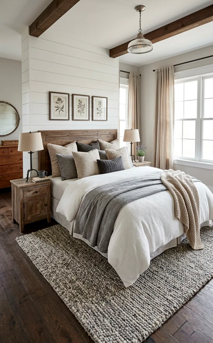 Farmhouse bedroom with layered linen bedding and wool rug.