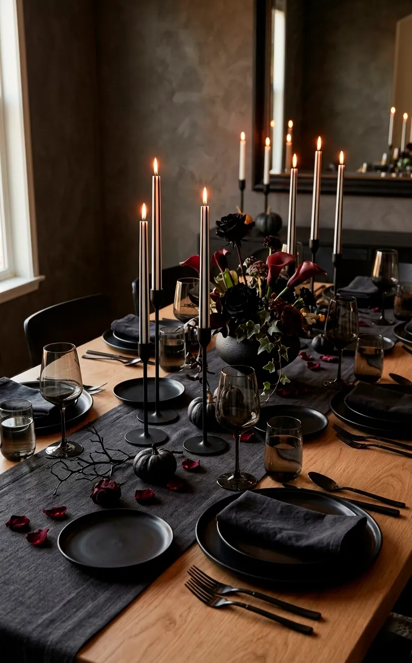 Modern dining table with black and white striped taper candles in sleek black holders