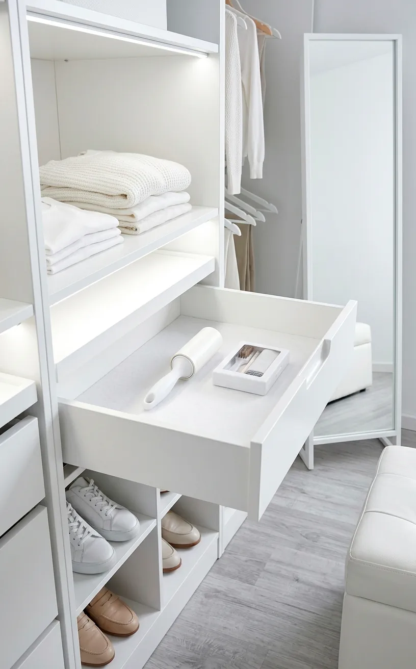 Pristine white dressing room showing clean surfaces and organized storage.