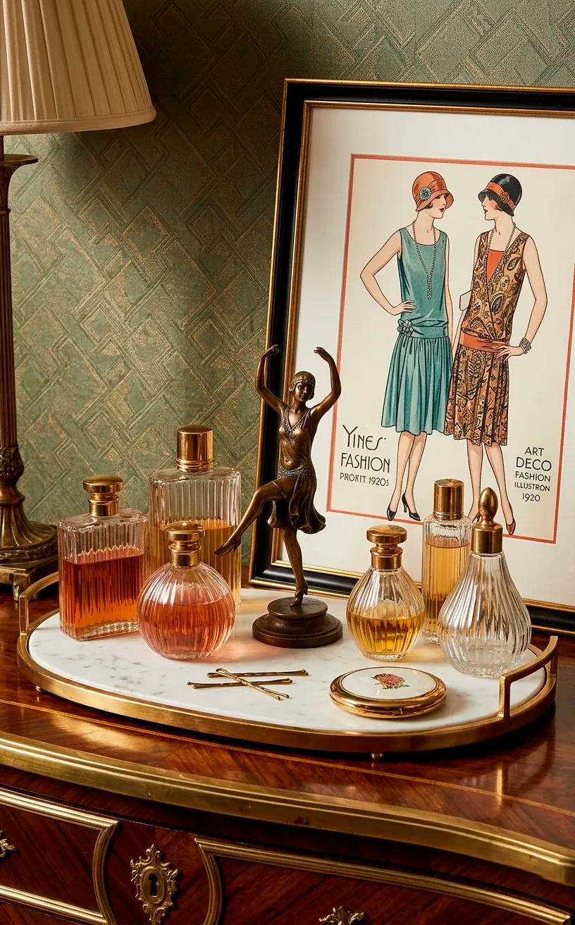 Vanity display with vintage perfume bottles and a marble tray.