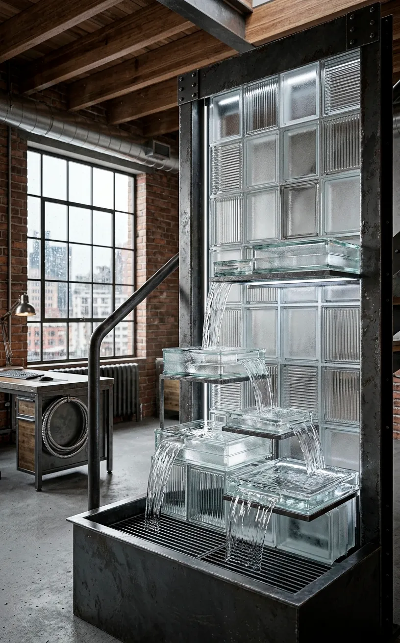 Industrial glass block stack water feature in a modern loft office with metal accents.