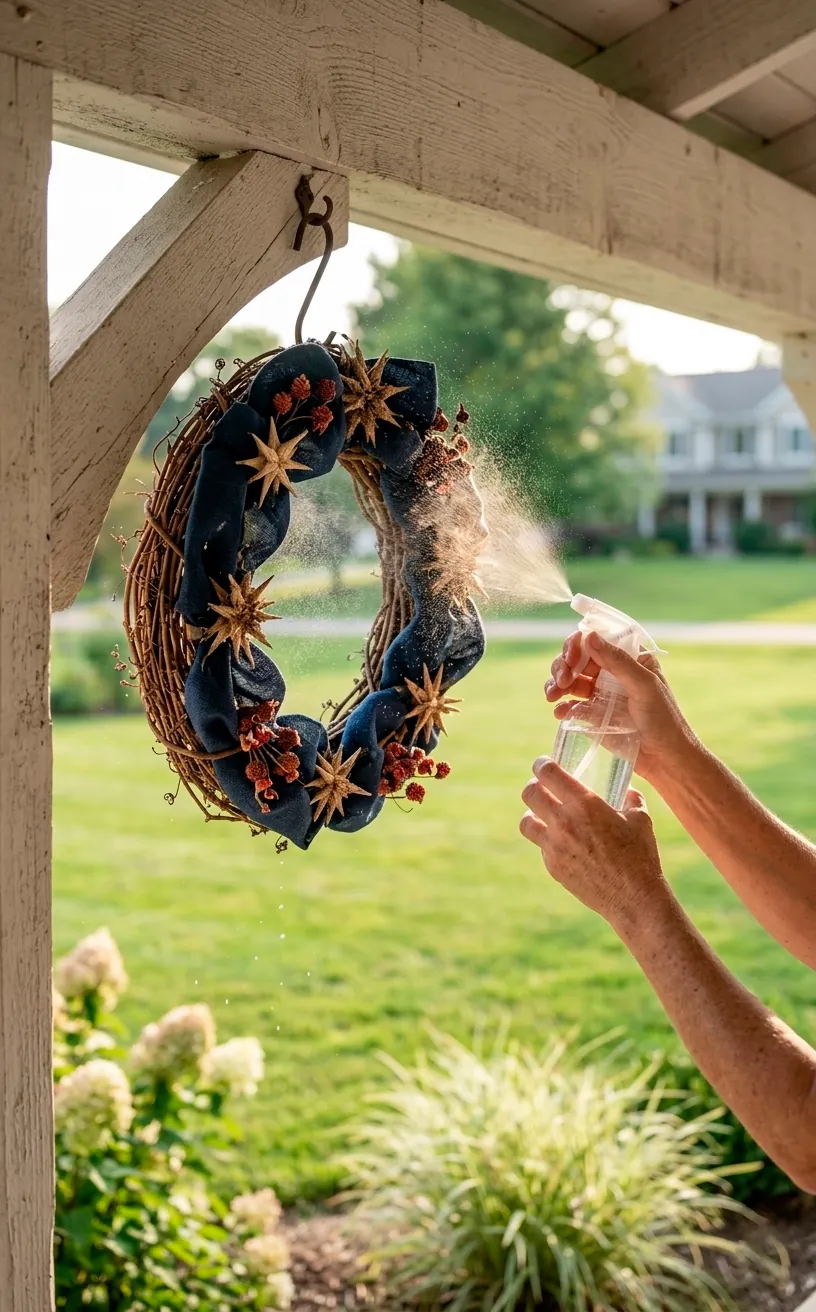 Applying UV protectant spray to a rustic Memorial Day wreath.