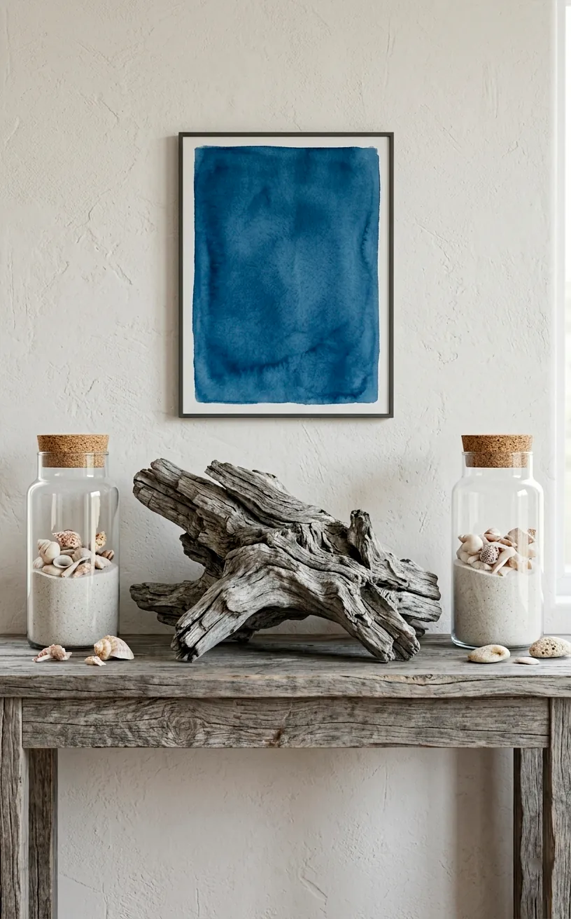 Driftwood centerpiece and seashell jars on a coastal console table.