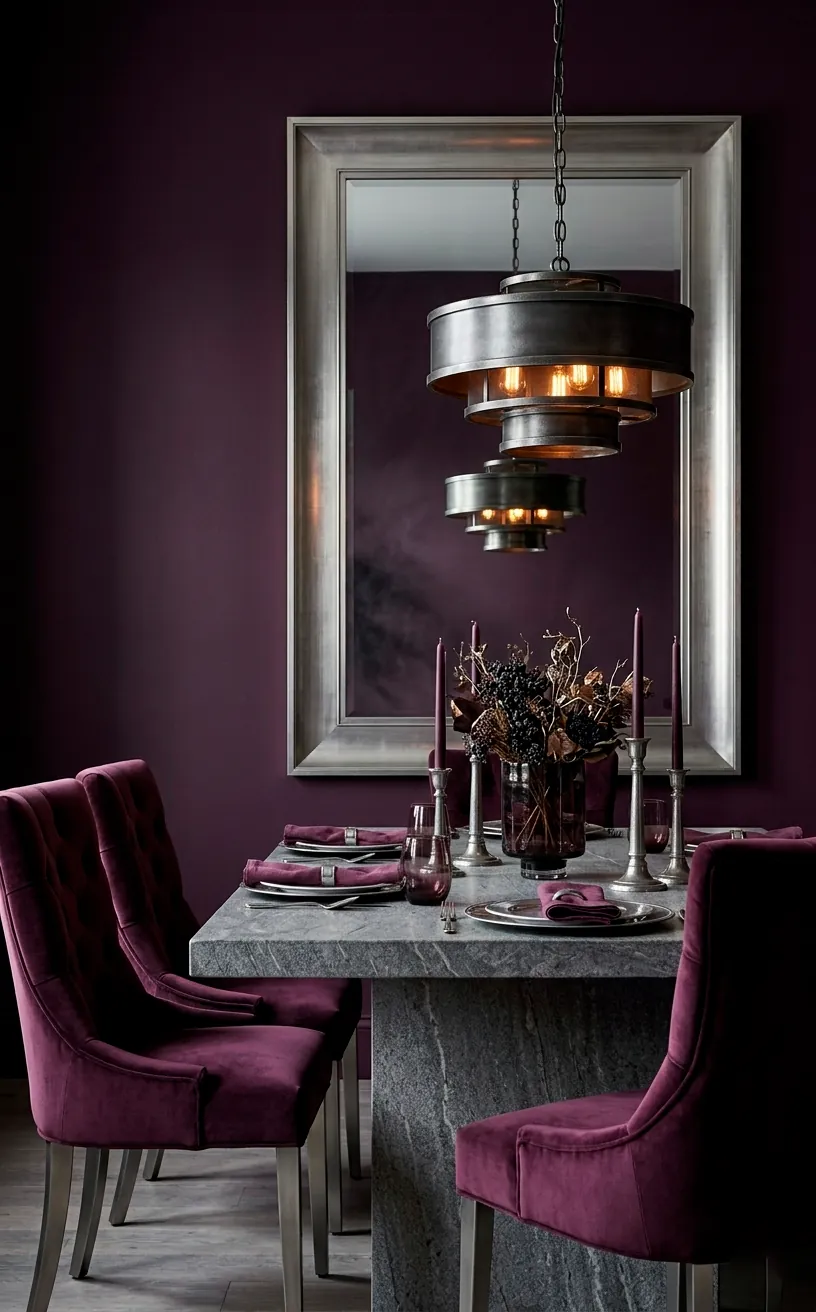 Sophisticated plum dining room with pewter accents and stone table.